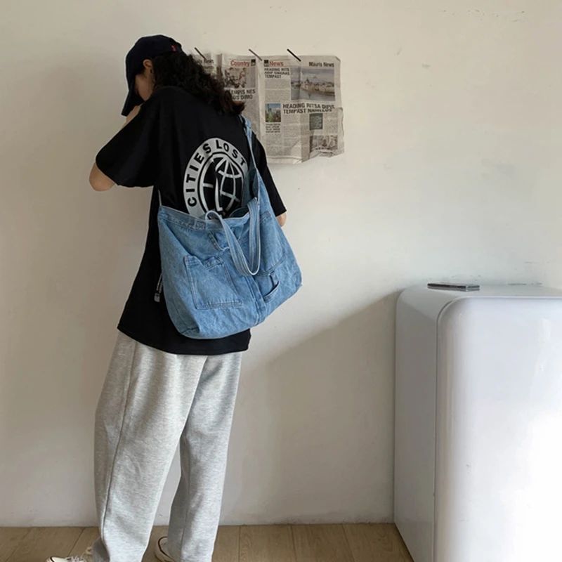 ABQR جديد صافي الأحمر الدنيم الكتف حقيبة ساعي عارضة البرية حقيبة تسوق محمولة قماش حمل حقيبة الإناث الأزرق الداكن