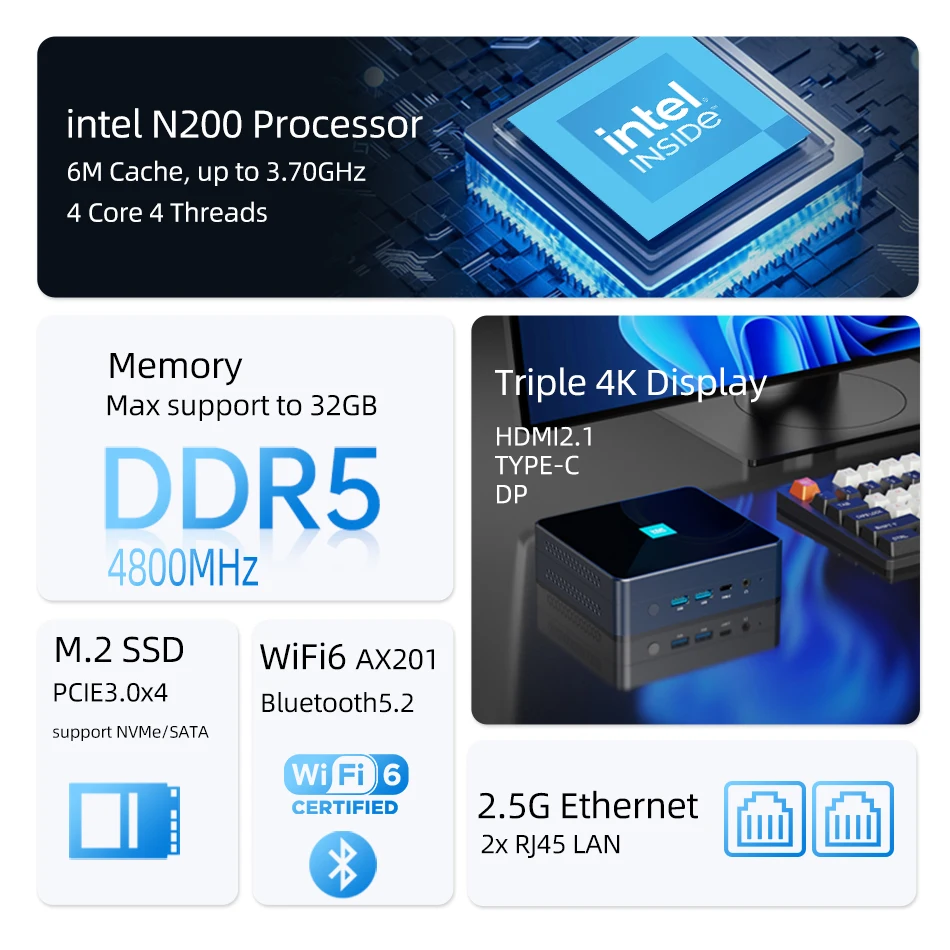 Mini PC Intel N200 avec Windows 11, 16 Go DDR5, 4800MHz, 1 To M.2, SSD NVMe, AX201, WiFi 6, Bluetooth, Inconnu, stimule 2.5G, Etherent, Type-C, 4K, 60Hz