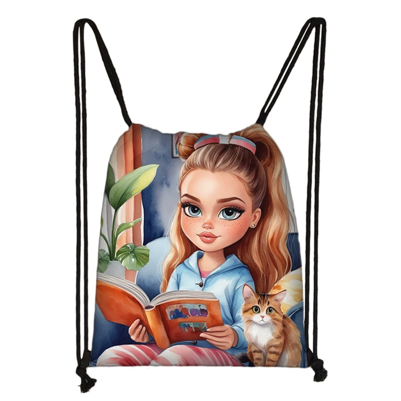 Cartoon Girl with Cat Reading Book Drawstring Bag Kids Backpacks Children Daypack School Bag Shoes Holder Bookbags Gift