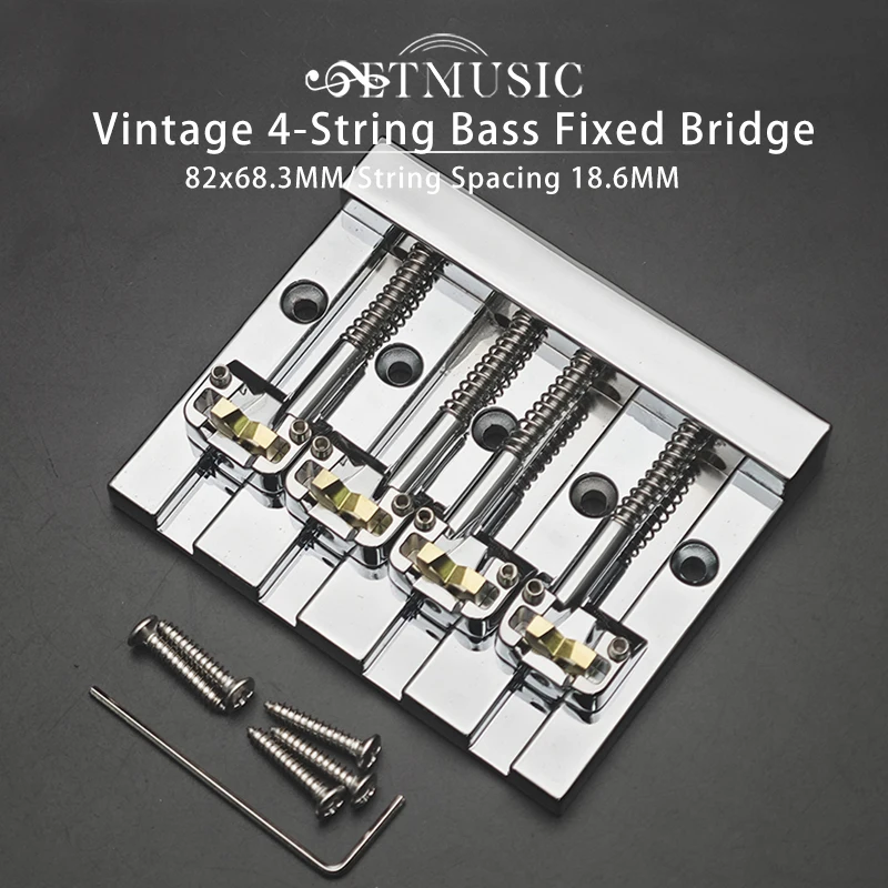 Vintage 4-String Bass Bridge 82x68.3MM String Bottom Through with Brass Saddle String Spacing 18.6MM Bass Fixed Bridge Chrome