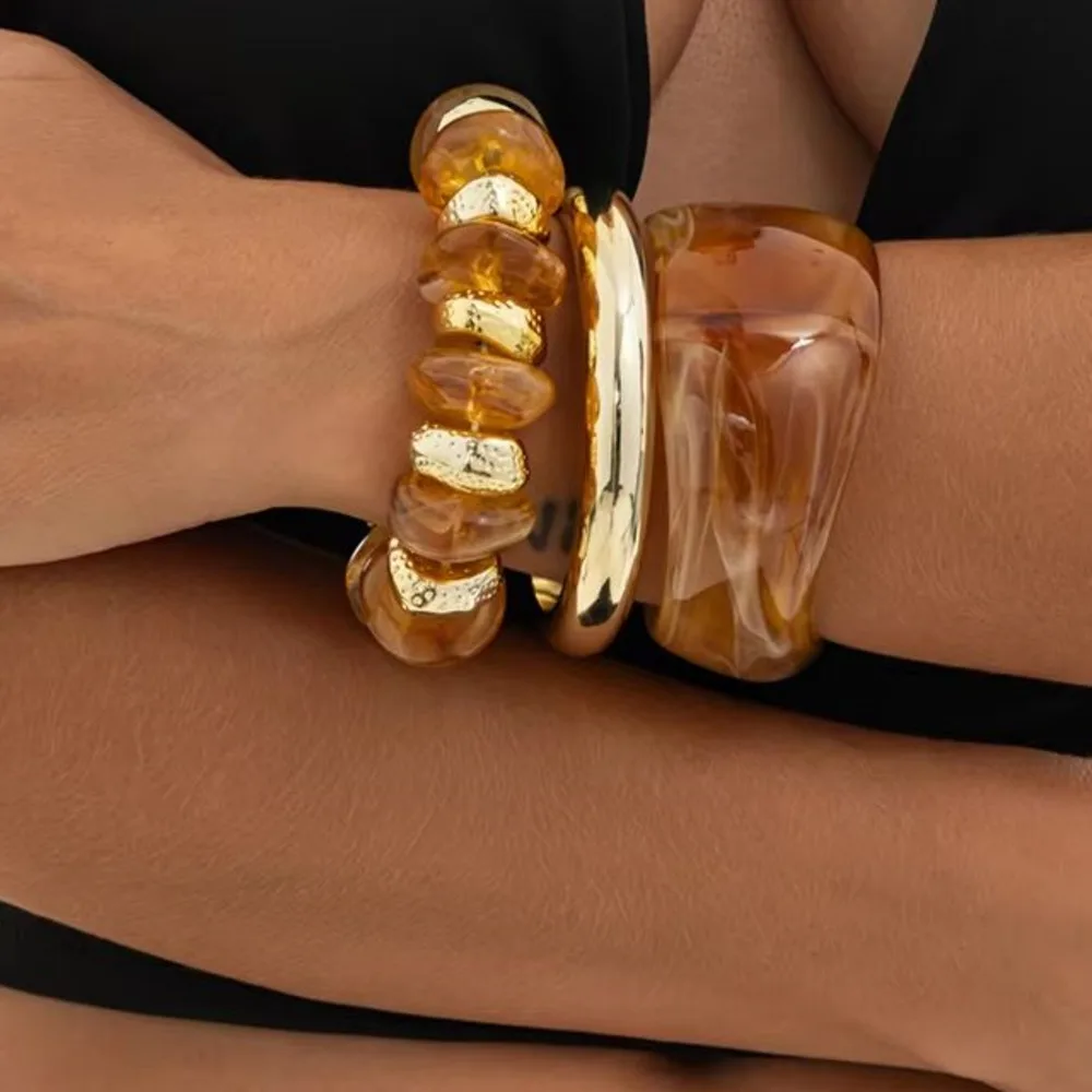 Salircon 3Pcs/Set Punk Retro Geometry Resin Wide Bracelet Bangles for Women Trendy Acrylic Beaded Stackable Bracelets Jewelry