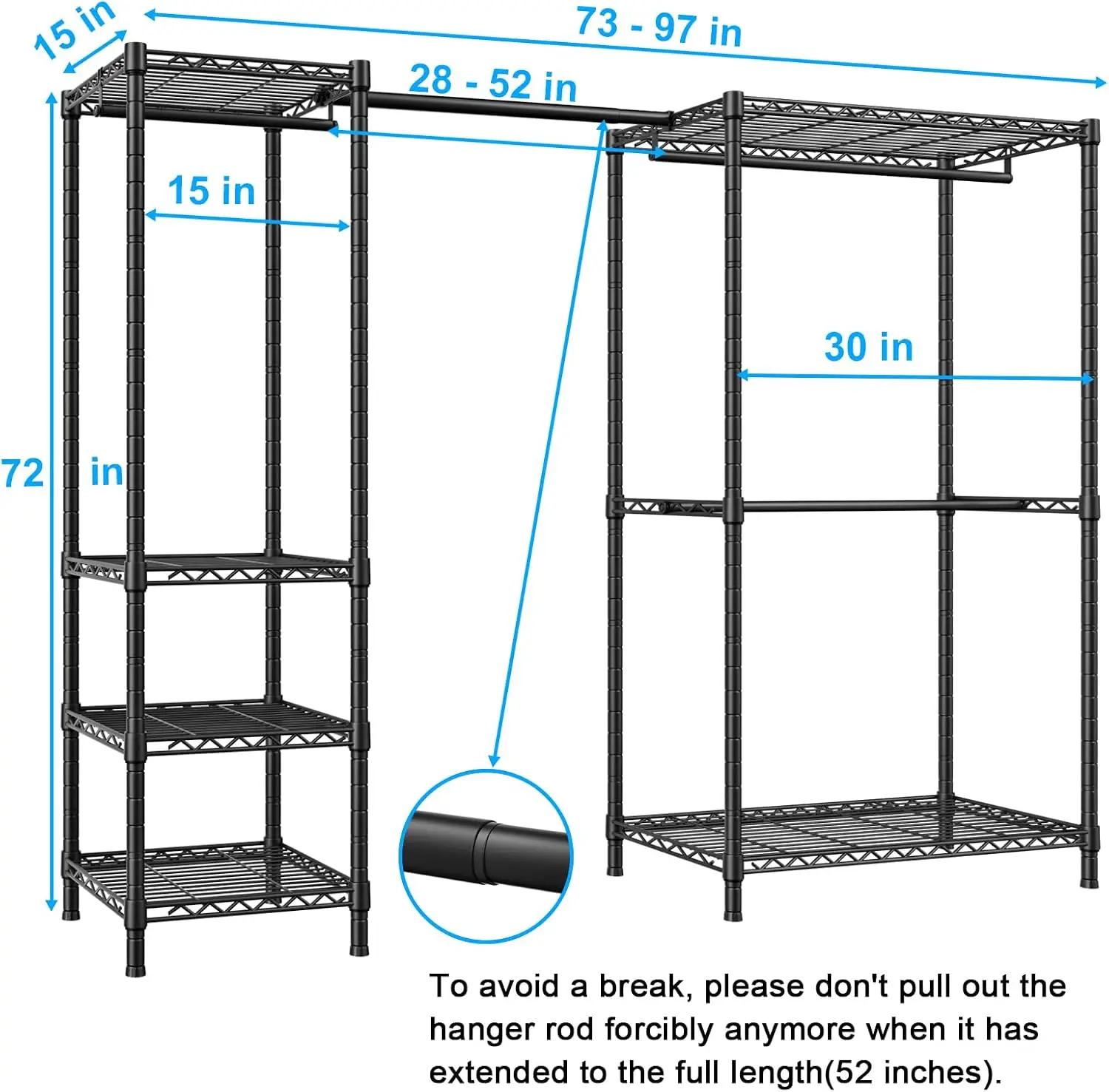 Heavy Duty Freestanding Metal Garment Storage Organizer Stretchable Hanging Bar Adjustable Frame Black Portable Open Wardrobe System Household Multi Space Clothing Storage Holder