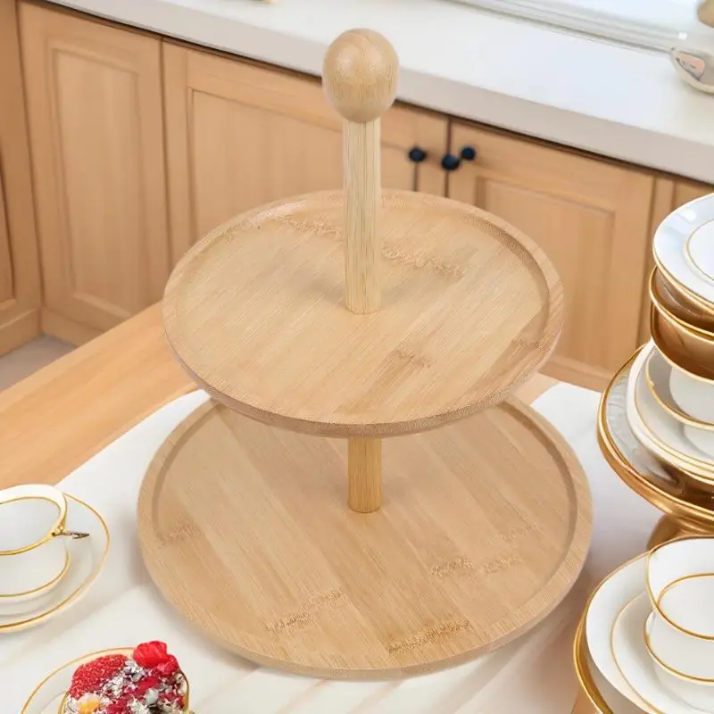 Fruit platter, bamboo and wood Chinese cake and pastry stand, high leg banquet display stand, afternoon tea table setting