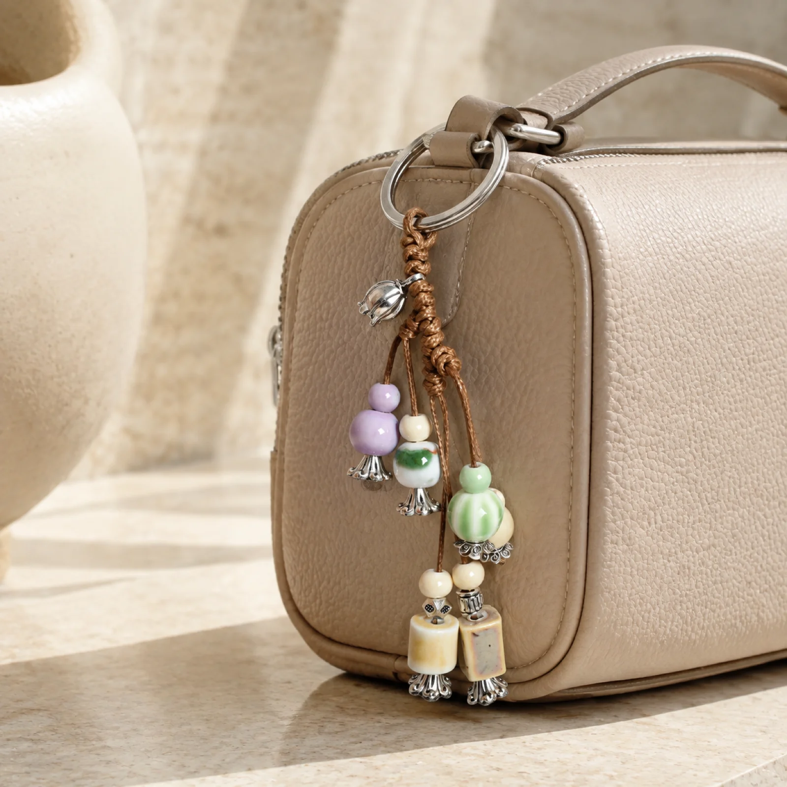 Handmade Ceramic Keychain Bag Charm Woven Wax Cord Metal Hardware Colorful Bead Pendant Accessory Art 609P1-16