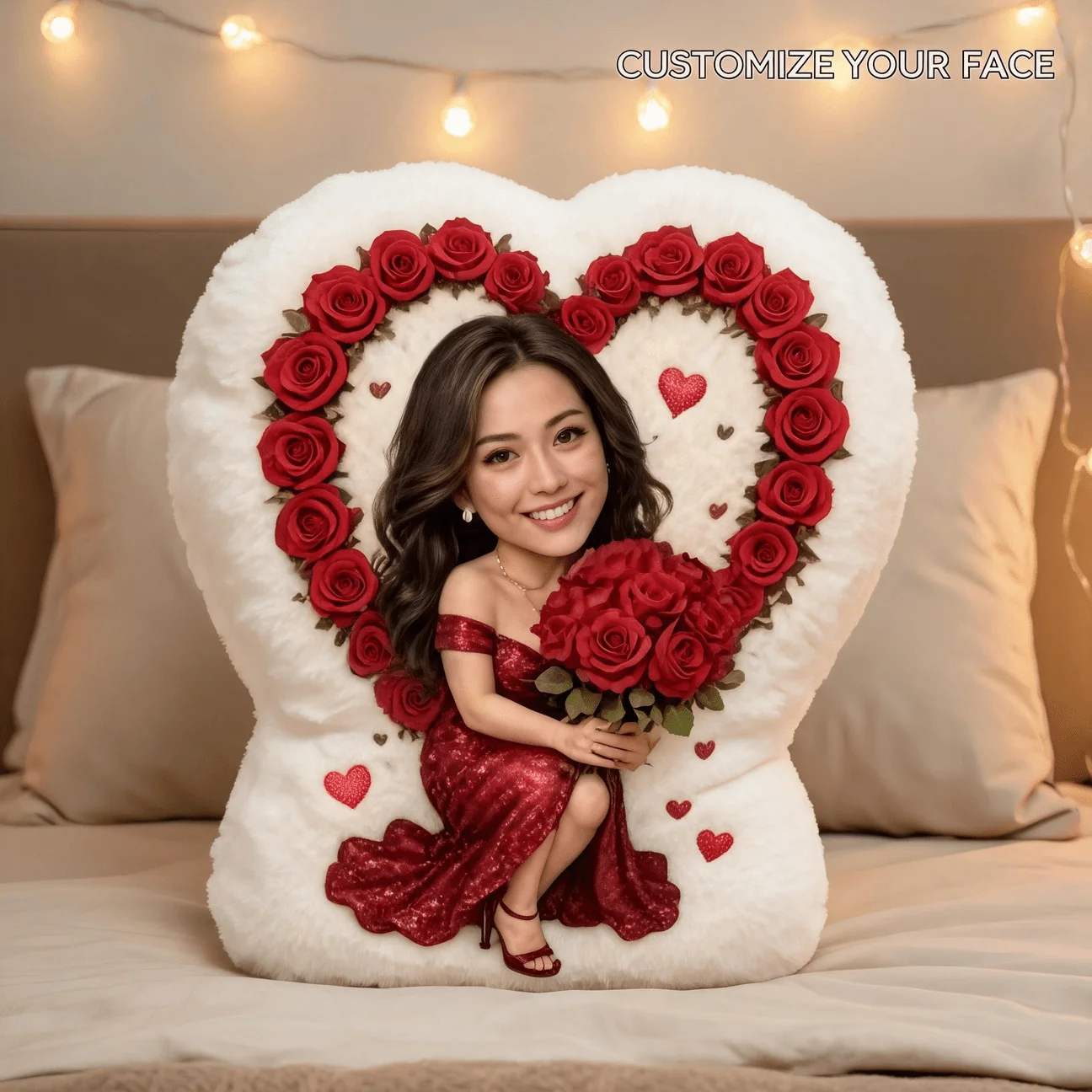 Custom Personalized Photo Face Pillow, Romantic Red Dress Woman Heart Shape Decorative Cushion, 60CM Large Size Accent Pillow fo