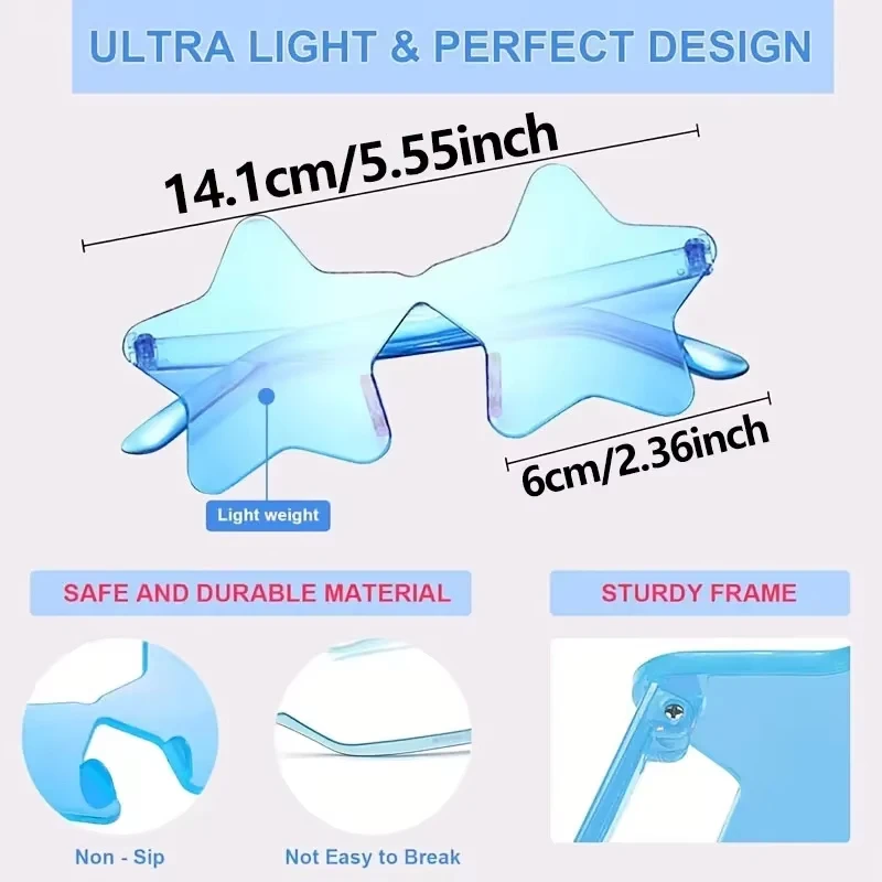 10 Stück/5 Stück sternförmige Sonnenbrillen, randlos, bunt, transparent, Partybrillen für Damen, Herren, Kinder, Festival, Cosplay, Partyzubehör – Detail 5