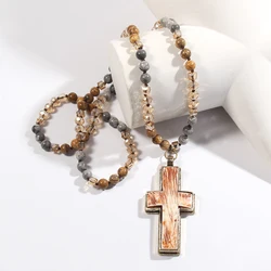 Spring Fashion Bohemian 8mm Natural Stone Crystal Glass Knot Necklace Resin Cross Pendant Necklace Sweater Chain