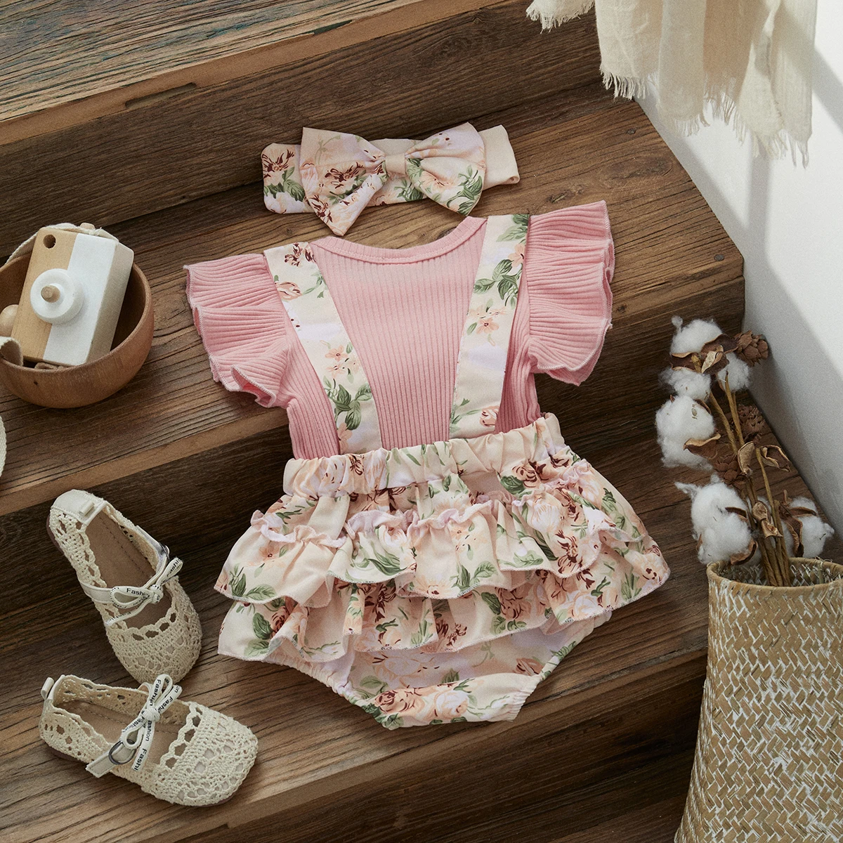 Ma & baby-Pelele para bebé de 0 a 18 meses, mono infantil para recién nacido, ropa con volantes y lazo Floral, trajes con diadema