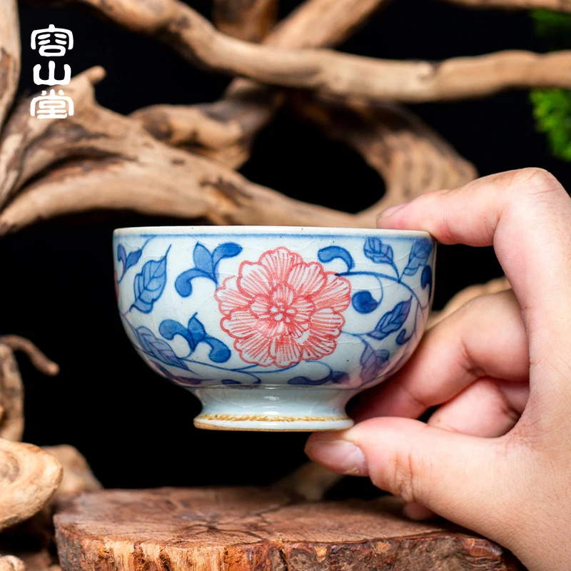 Rongshantang Yujia Hand Painted Blue and White Glazed Red Tea Cup Porcelain Master Cup Large Tea Cup Household Individual Single