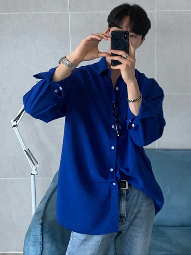 

Klein Blue Men's irt Briti Sle Inner Wear Oversize Suit Casual Faion Breathable Color Woven Fabric Long Sve irt