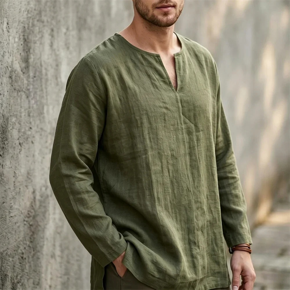 Herren-T-Shirt aus Baumwolle und Leinen, modisch, V-Ausschnitt, langärmelig, einfarbig, atmungsaktiv, leicht, klassisch, lässig, für den Alltag – Detail 3