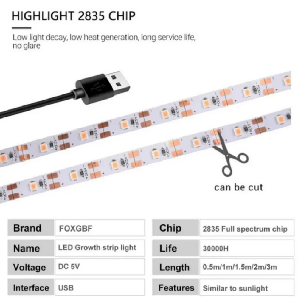 Full Spectrum Growing Plants Flower Strip, interface USB adequado para sementes interiores, germinação de mudas, DC5V, SMD2835, 1 rolo