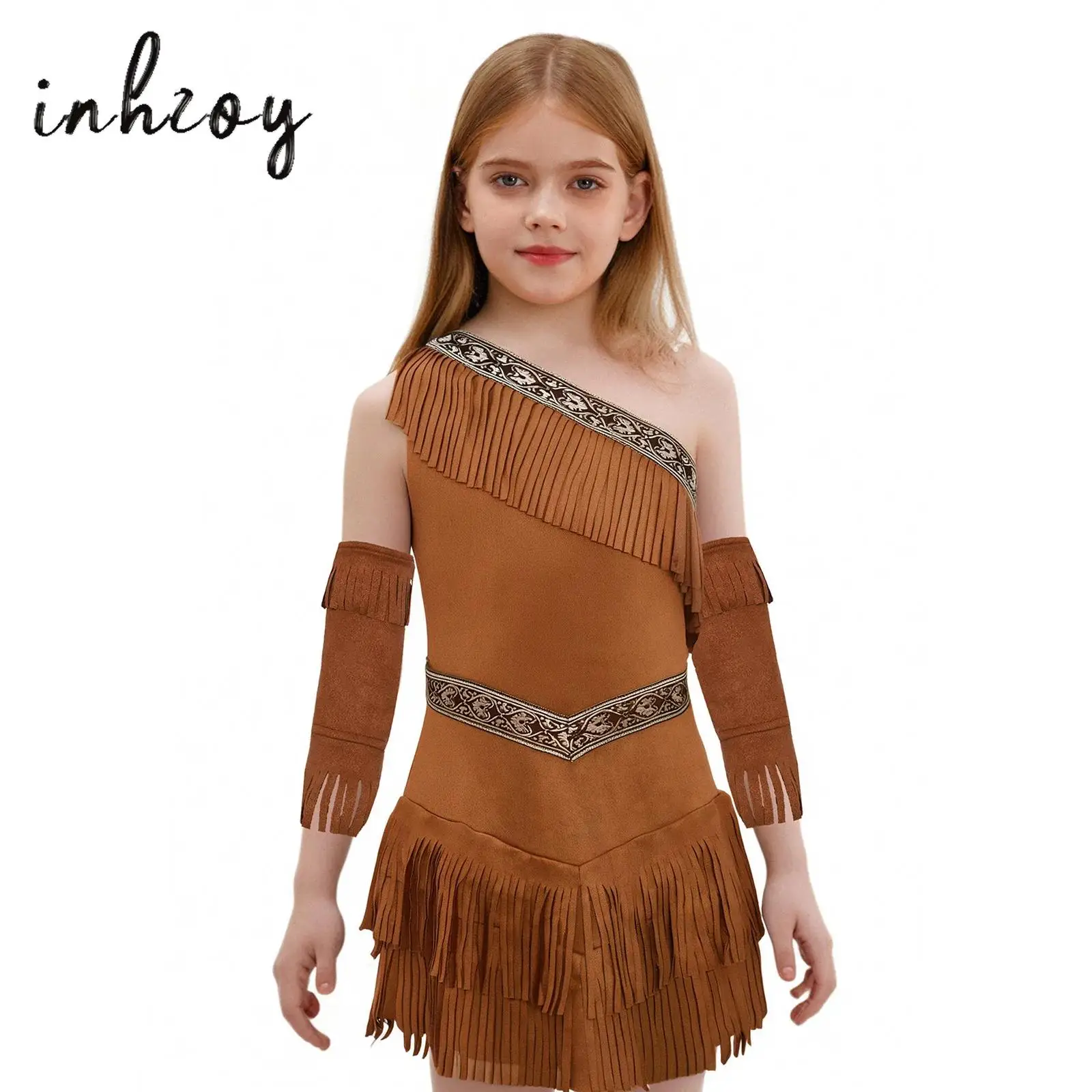 

Girls Halloween Native American Princess Cosplay Outfit Fancy Dress Ball Costume One Shoulder Sleeveless Fringe Suede Dress Set