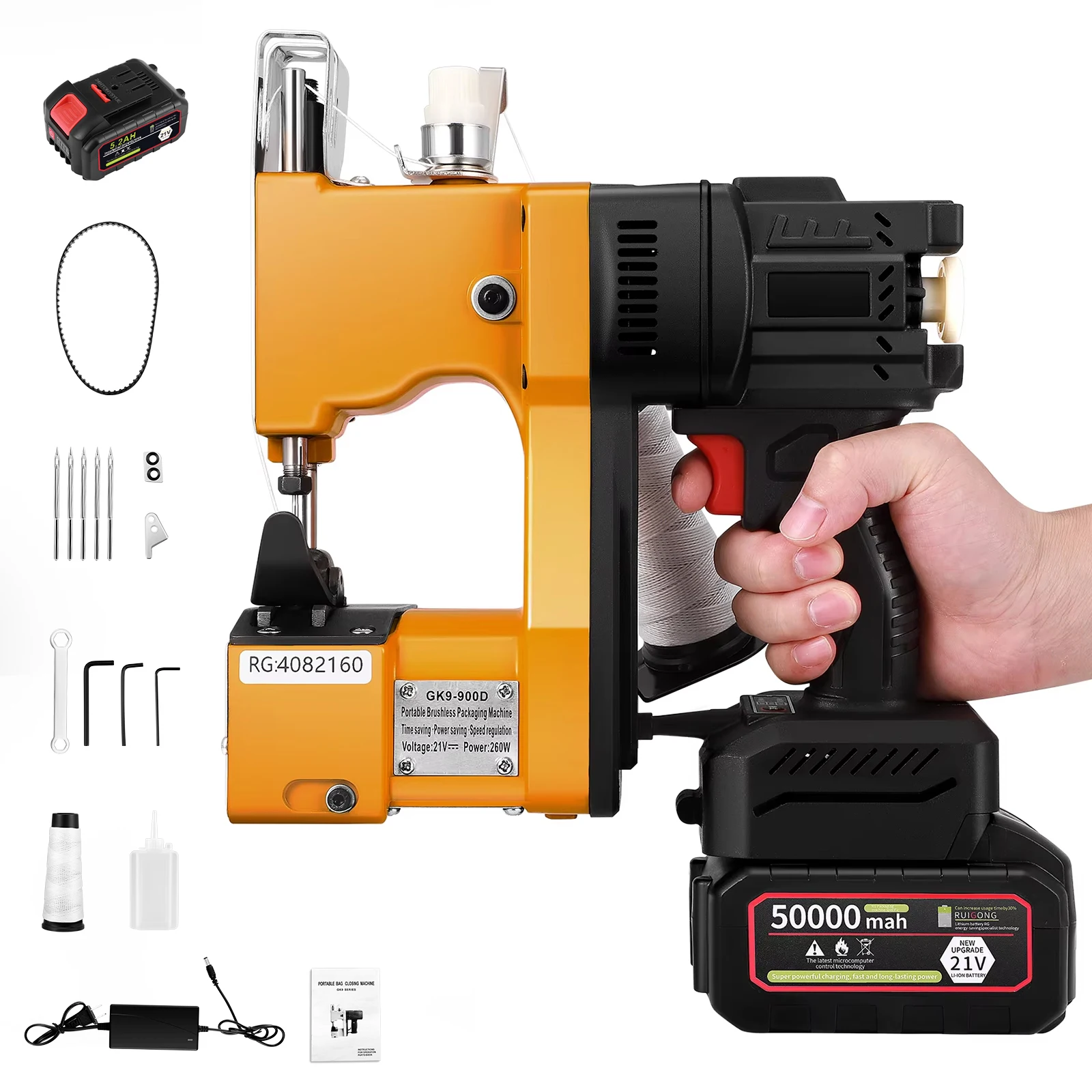 Macchina da Cucire Elettrica con Batteria 21V 5.2Ah, Portatile, Industriale, per Imballaggio di Tessuti, Sacchi di Sabbia e Sacchi di Grano