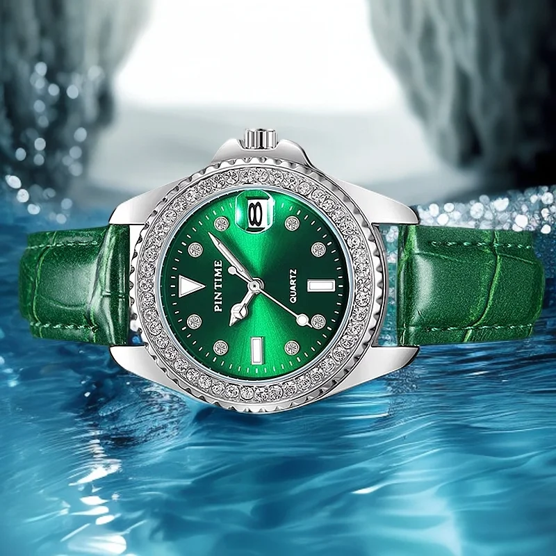 PINTIME Emerald Color Luxury Watch for Woman Waterproof Quartz Ladies Watches High Quality Wristwatch Elegant Female Clock