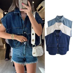 Ladies Short With Pockets Cropped Denim Blouse Shirts Women Vest Sexy Sleeveless Button-up Blouses Blusas Chic Tank Tops Female