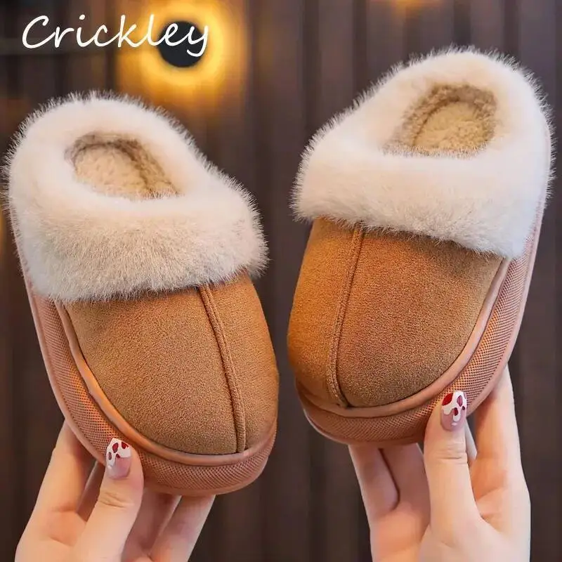 Solid PU Leather Boys Girls Slippers Winter Plush Warm Furry Children Slippers Casual Soft Bottom Floor Kids Home Shoes