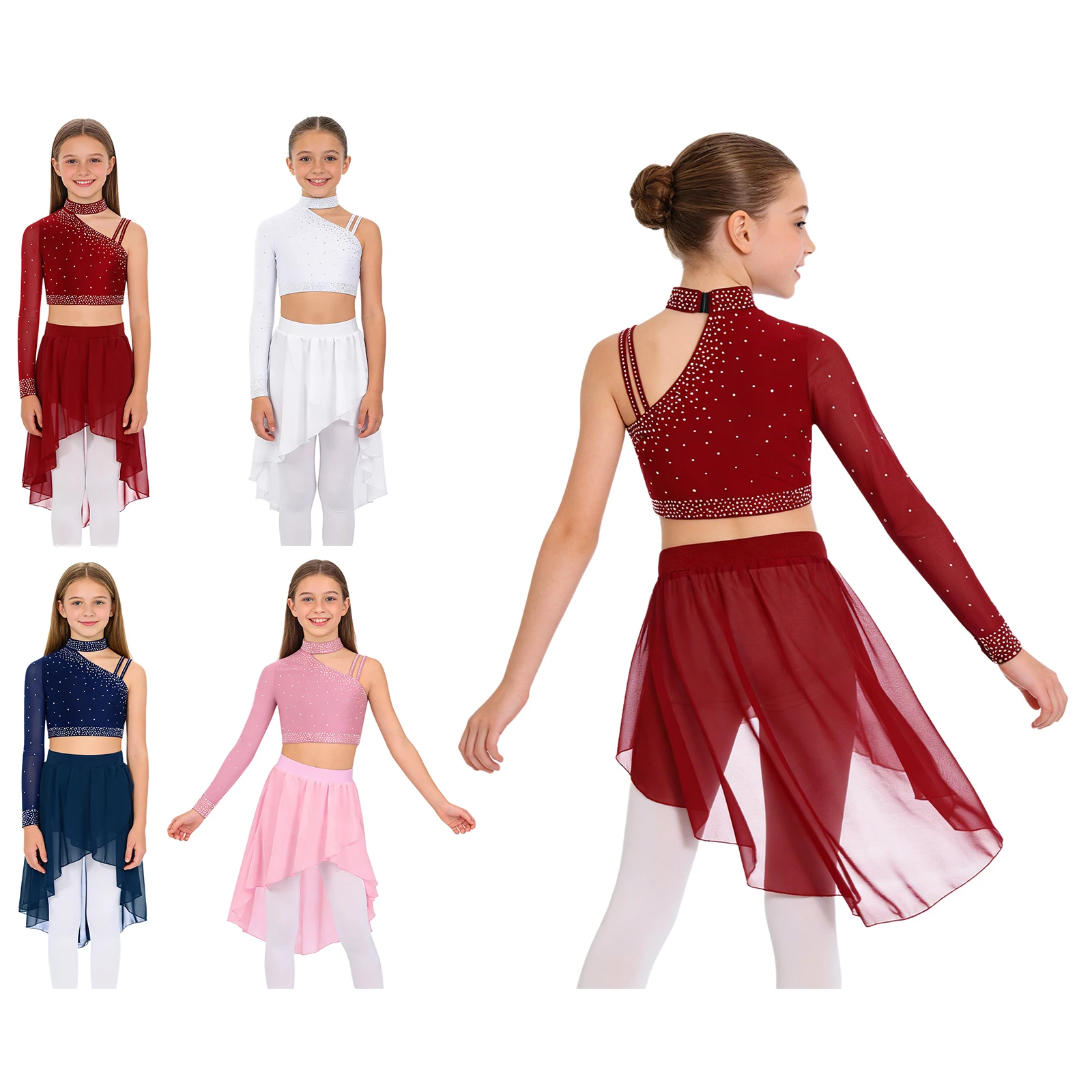 Kids Girls Modern Lyrical Dance Costume One-shoulder Shiny Rhinestone Crop Top with Chiffon Skirt for Ballet Skating Gymnastics
