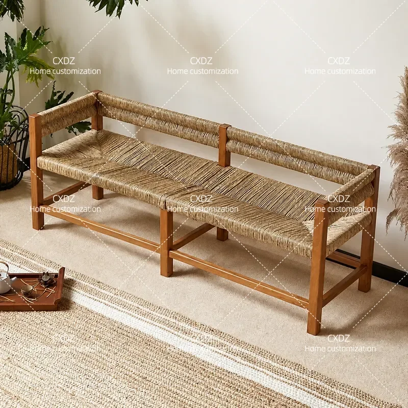 Handmade Straw Rope Woven Bench Solid Wood Leisure Chair for Balcony Courtyard Simple Art Seat