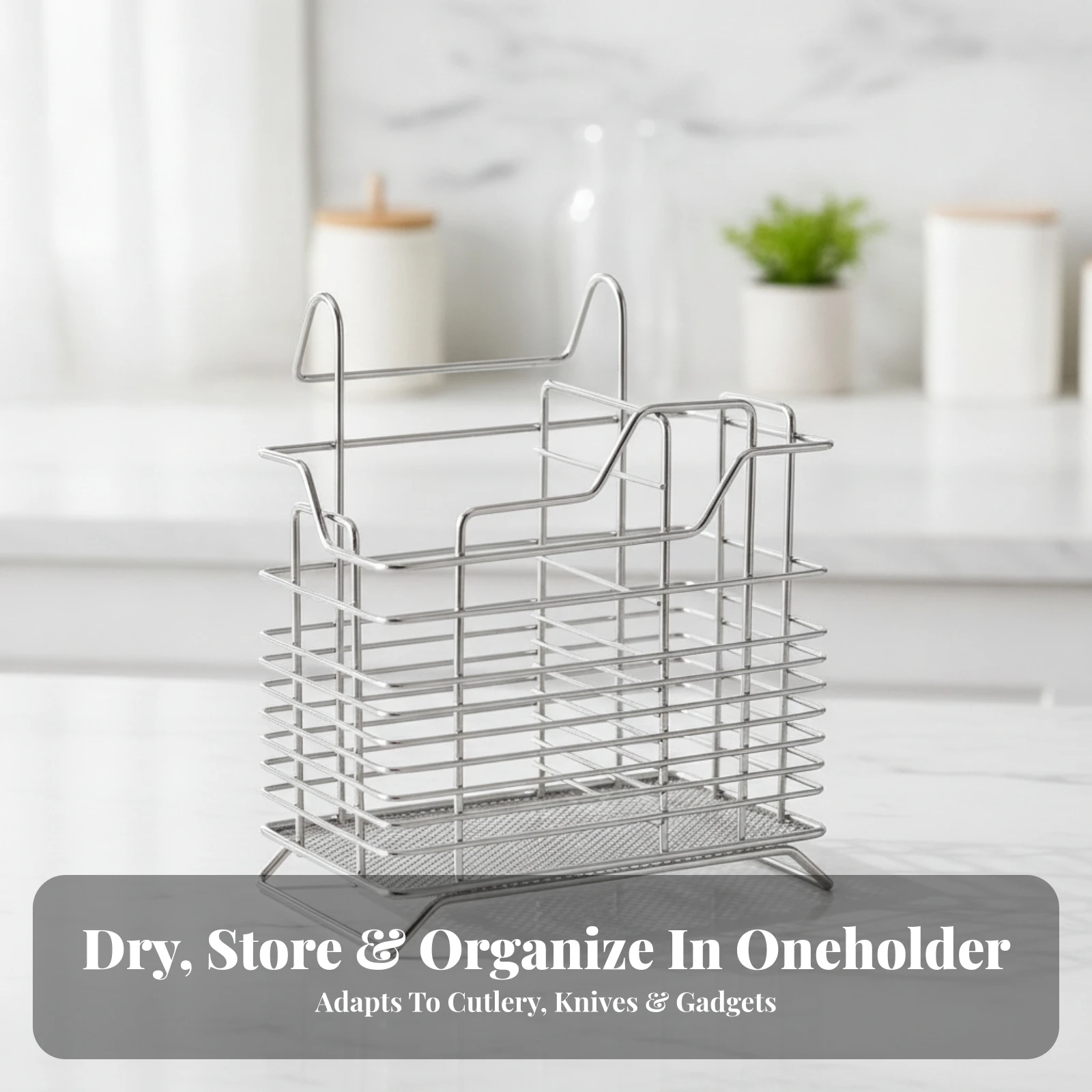 Utensil Holder with Compartments Stainless Steel Countertop Kitchen Storage Rack Utensil Drying Rack with Mesh Bottom Compact