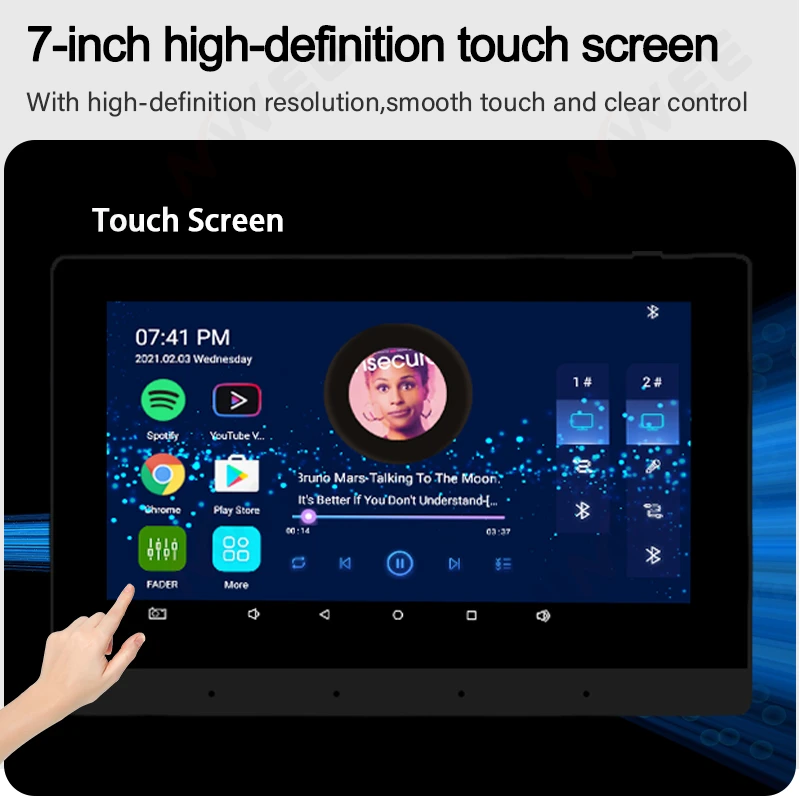 7inch touch screen Android11 system wifi smart home bluetooth sound in wall amplifier 2 zone audio 8*25W music player panle HDMI