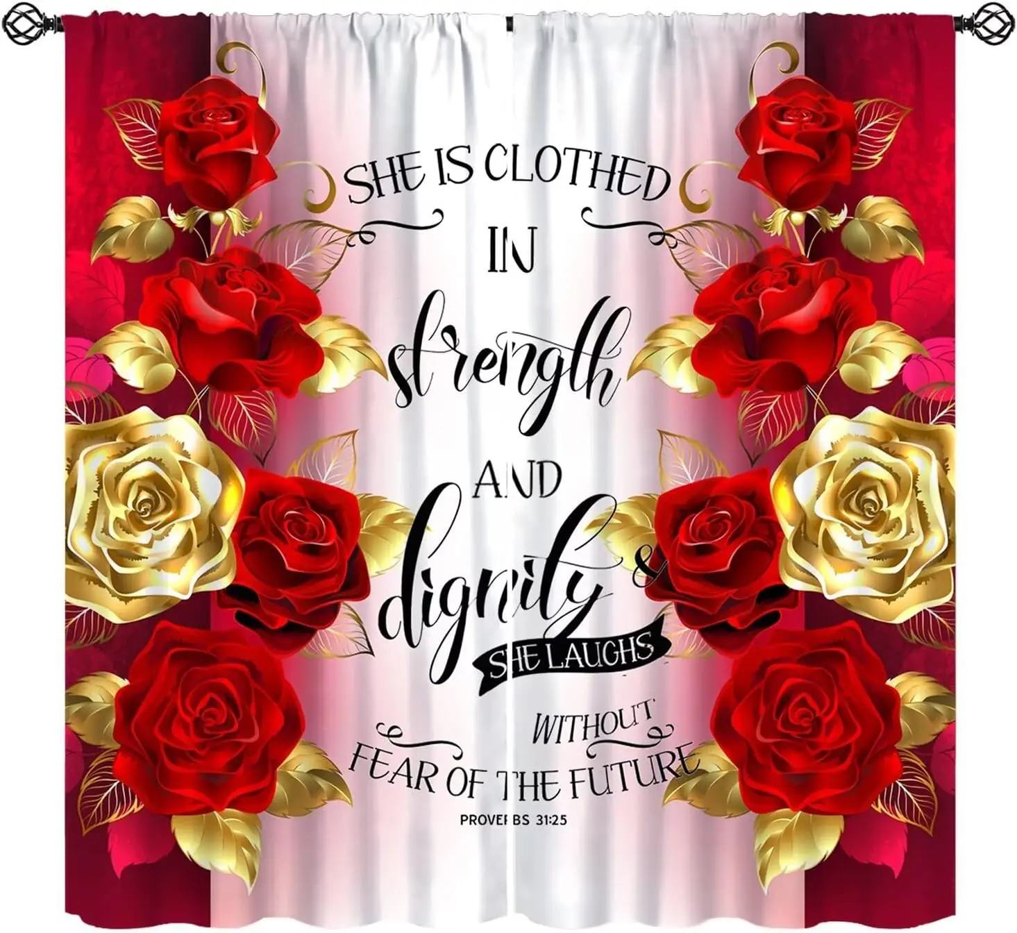 Red Gold Rose Curtains,Vintage Romantic Floral Christian Window Treatments for Bedroom Women Scripture Quotes Bible Verse Drapes