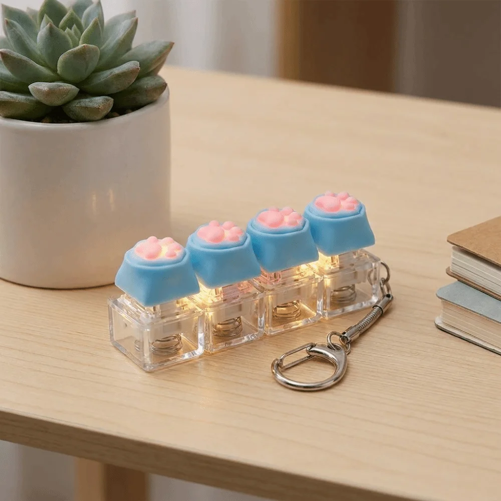 Luminous Cat Paw Keychain 4 Keys Pure Color Base Keyboard Switch Tester Press Button Portable Clear Base Fidget Clicker Keyring
