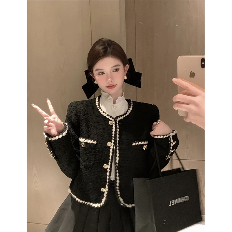 MEXZT Vintage Tweed Jackets Women Elegant Black Cropped Suit Coat Korean Thicken Blazer Single Breasted Short Outerwear Tops New