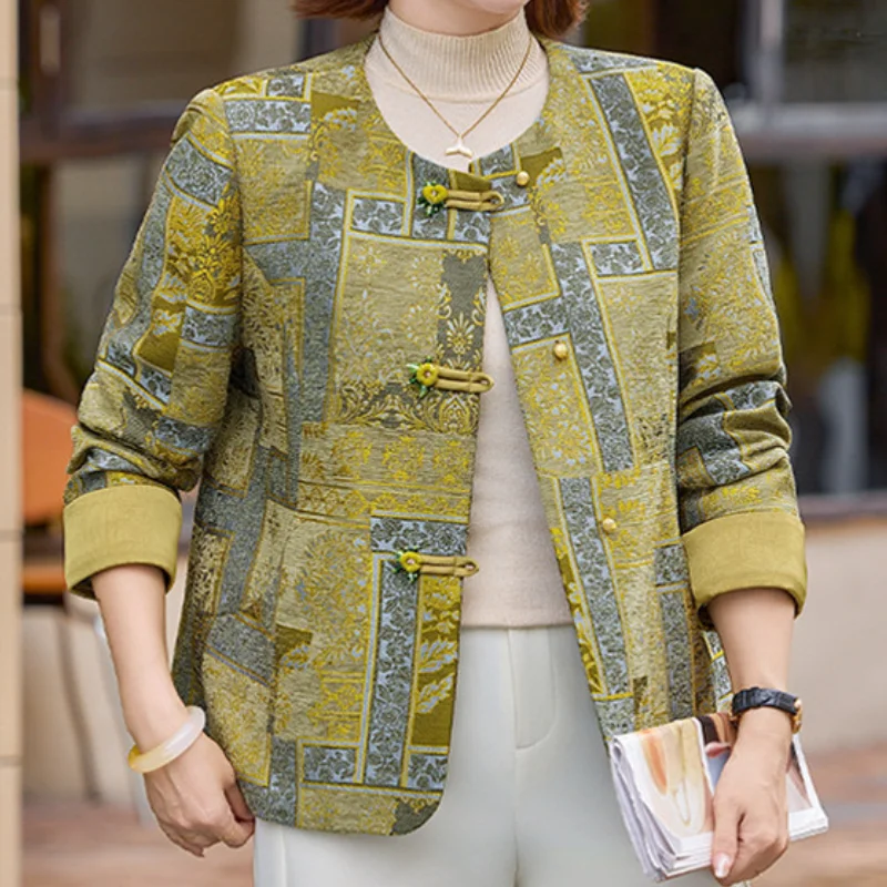 Jacquard Elegant Women Jacket Chinese Style Daily Casual Mother's Coat Round Collar Luxury Easten Clothes Vintage Button Shirt