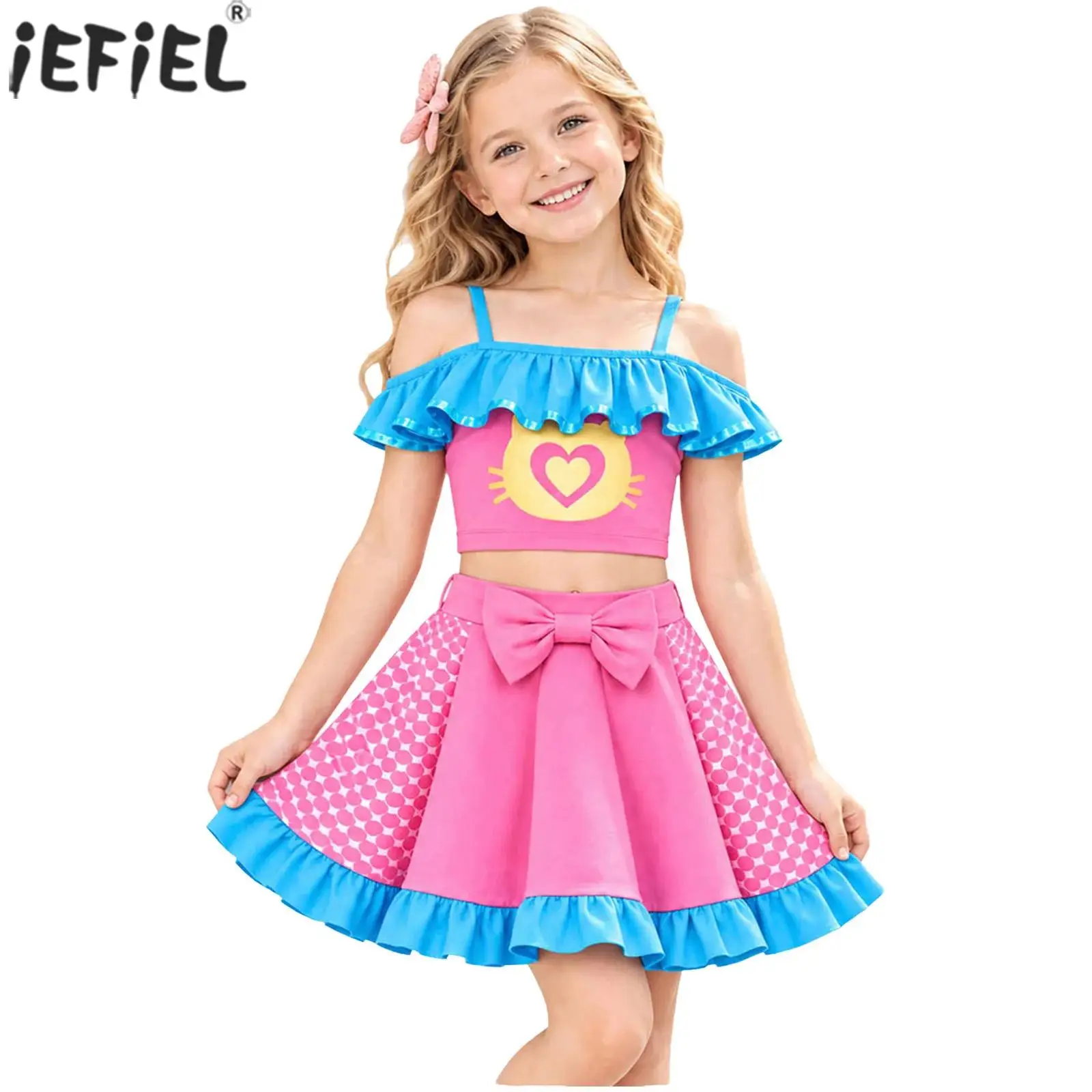 Kids Girls Movie Character Dress Up Costume Cat Printed Color-blocked Ruffled Crop Top with Bowknot Pleated Skirt for Halloween