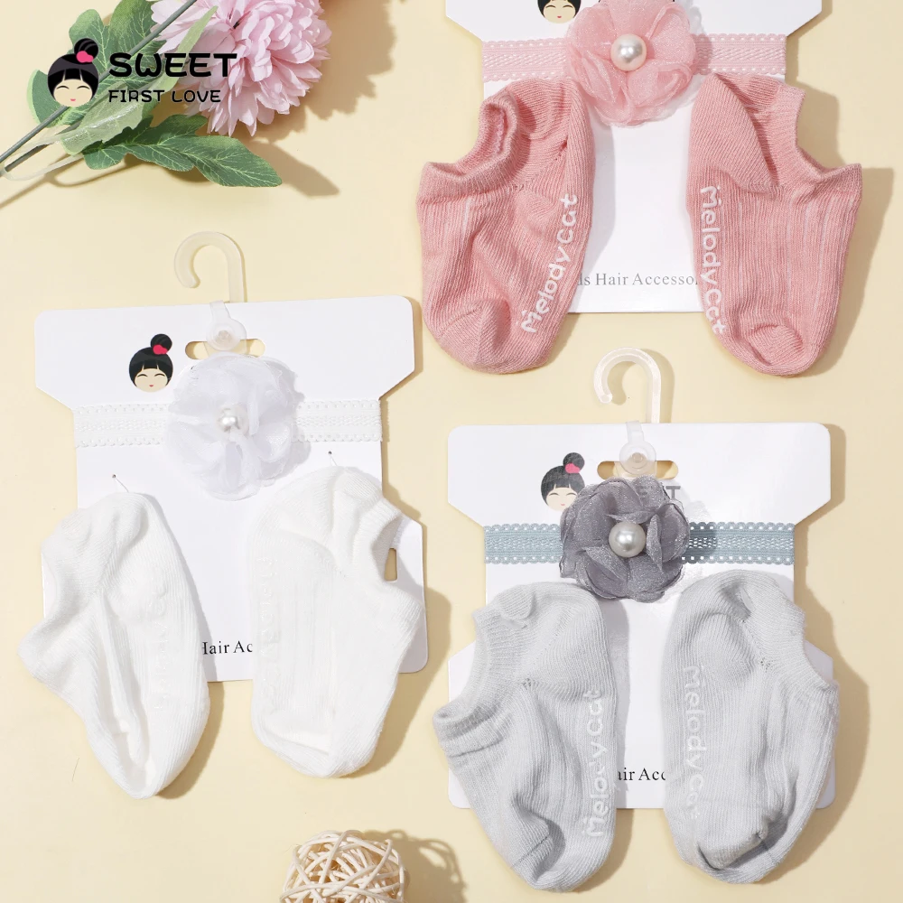 New Baby Sweet Girl Princess Headbands Socks Set Pearl Flower Newborn Baby Headbands Bow Elasitc Hair Bands Hair Accessories