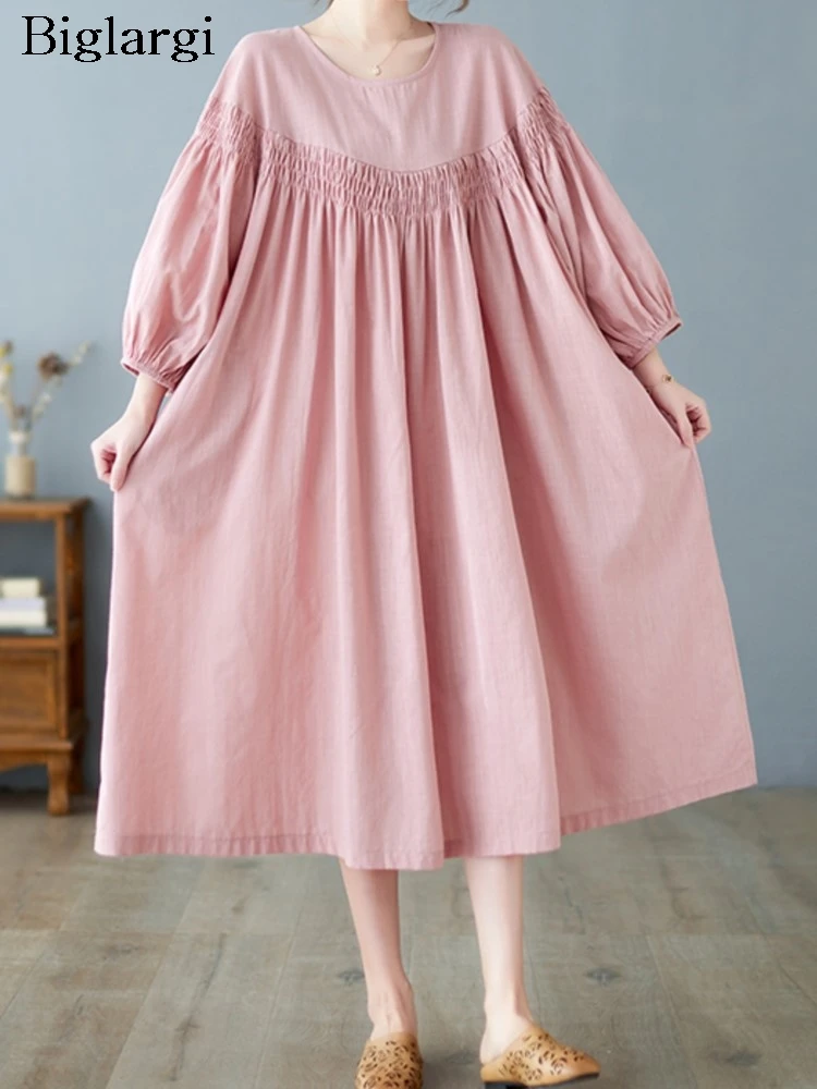 Oversized Autumn Pink A-Line Dress Women Loose Ruffle Pleated Korean Style Ladies Long Sleeve Dresses Fashion Casual Woman Dress