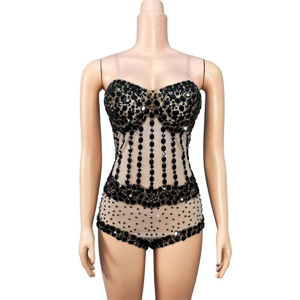 

Sexy Shining Black Rhinestones Outfit Transparent Mesh Bodysuit Women Dancer Singer Performance Birthday Party Show Stage Wear