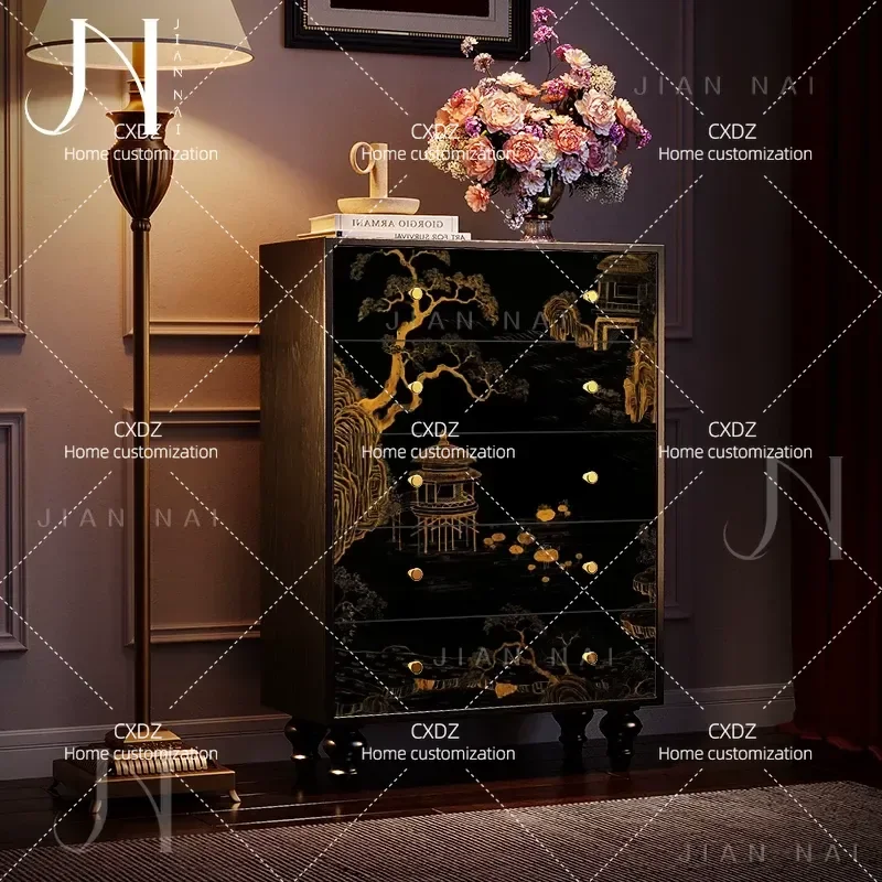 French Chinese style five buckets six chest cabinets black gold ancient building living room sofa side drawer storage bedside