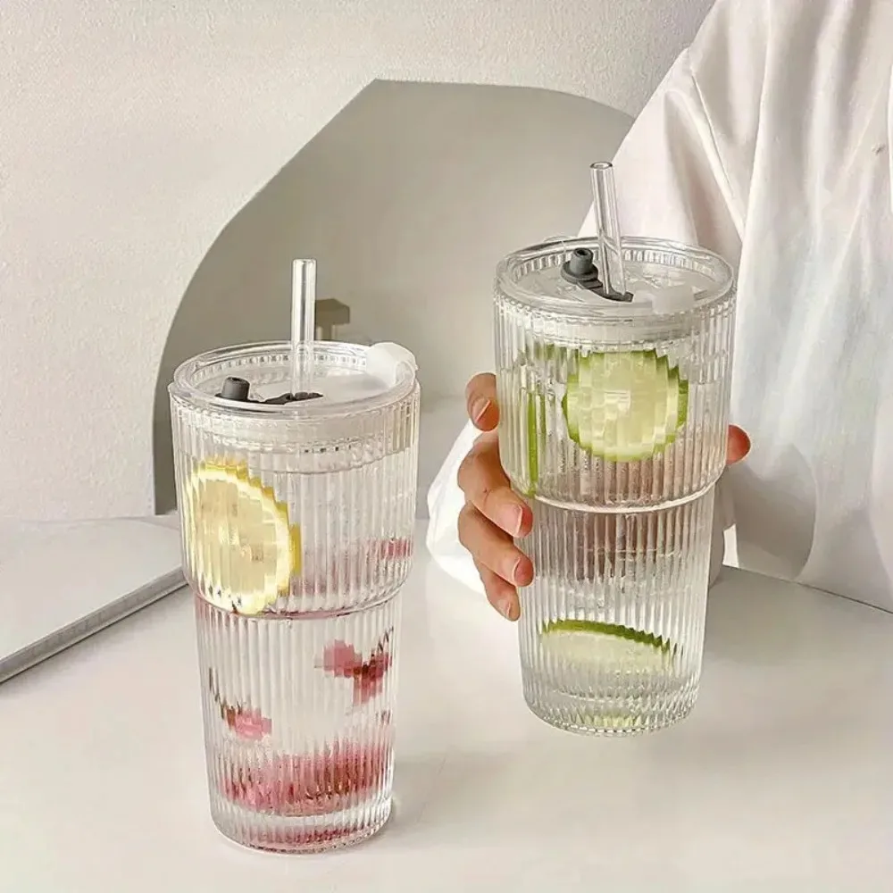 Striped Glass Mug 600ml with Lid and Straw