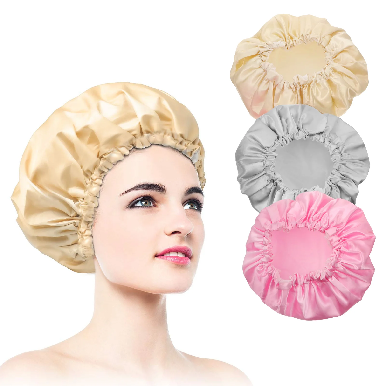

3Pcs Satin Shower Cap Double Layer Waterproof Bathing Solid Color Elastic Women Hair Protect Bath Hat Home Essentials
