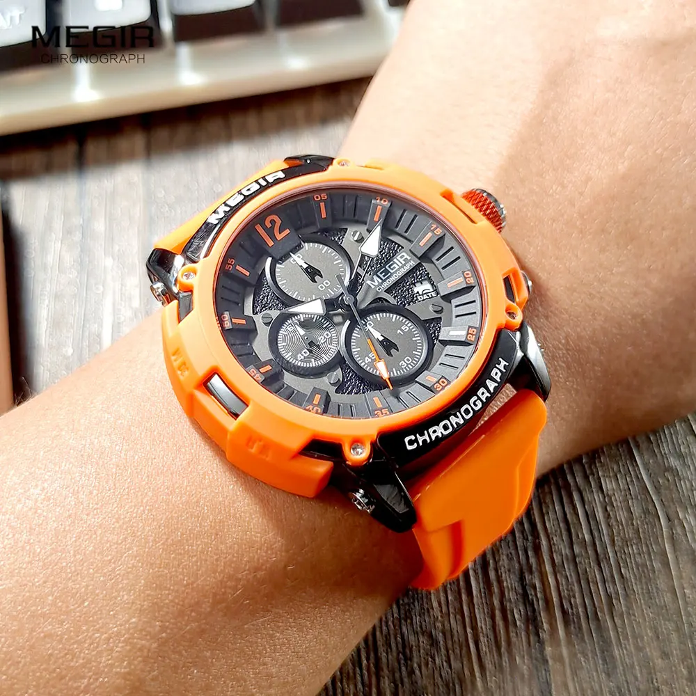 MEGIR Orange Sport Watches for Men Fashion Waterproof Luminous Chronograph Quartz Wristwatch with Auto Date Silicone Strap 2208