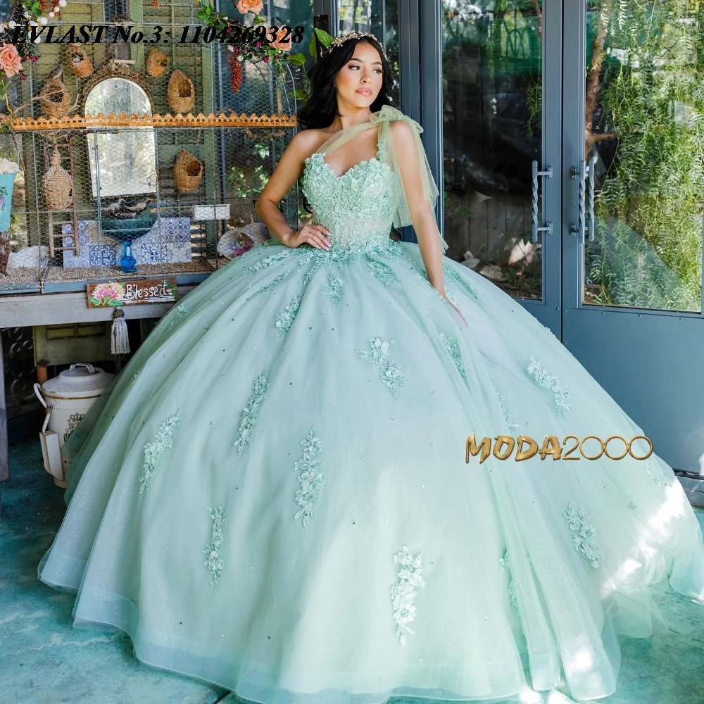 EVLAST Customized Mexican Green Quinceanera Dress Ball Gown Lace Applique Beading Tie Corset Sweet 16 Vestido De 15 Anos E3Q234