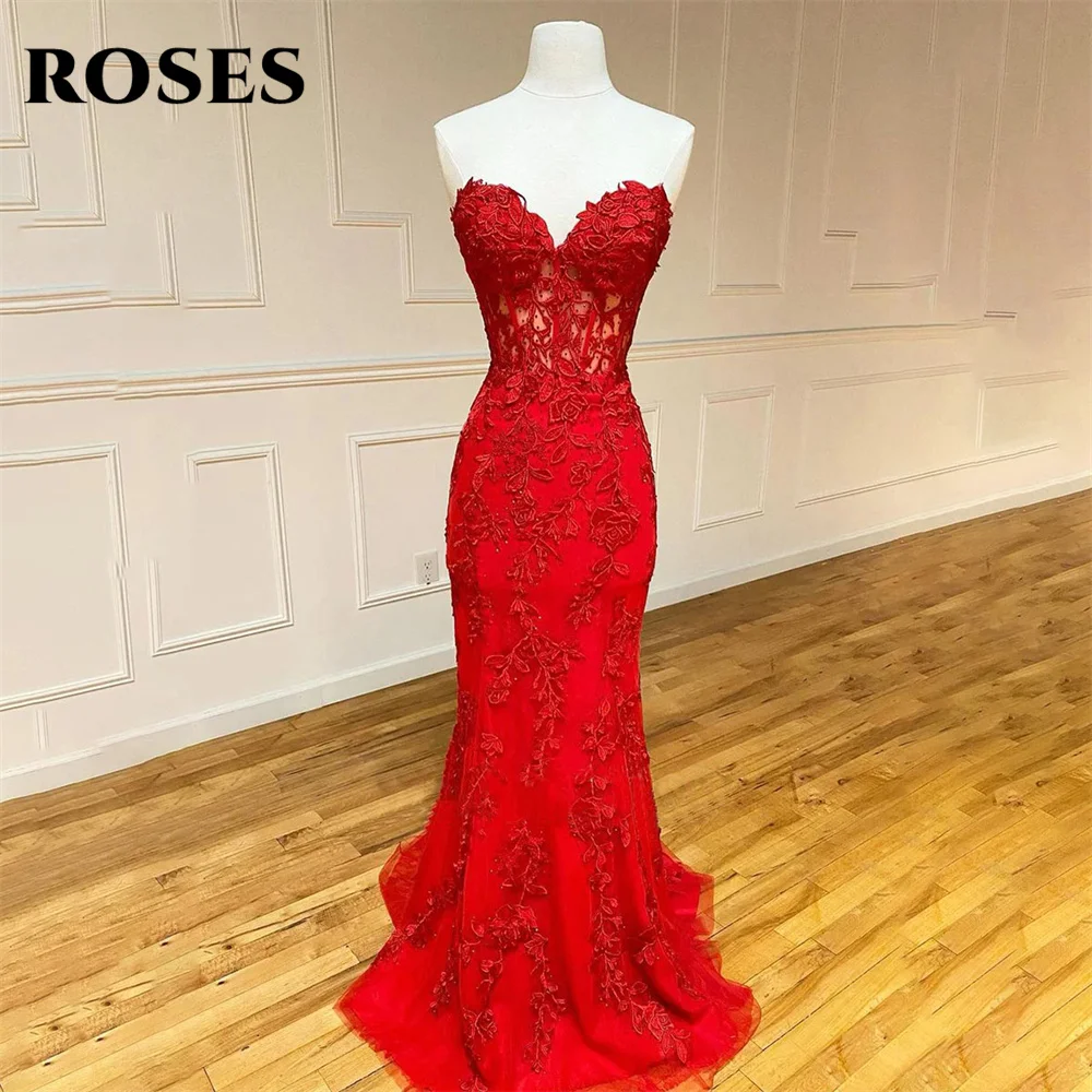 Vestido de noche con apliques rojos de rosas para ocasiones especiales, vestido Formal de sirena de Red con encaje en la espalda, Vestido largo de fiesta