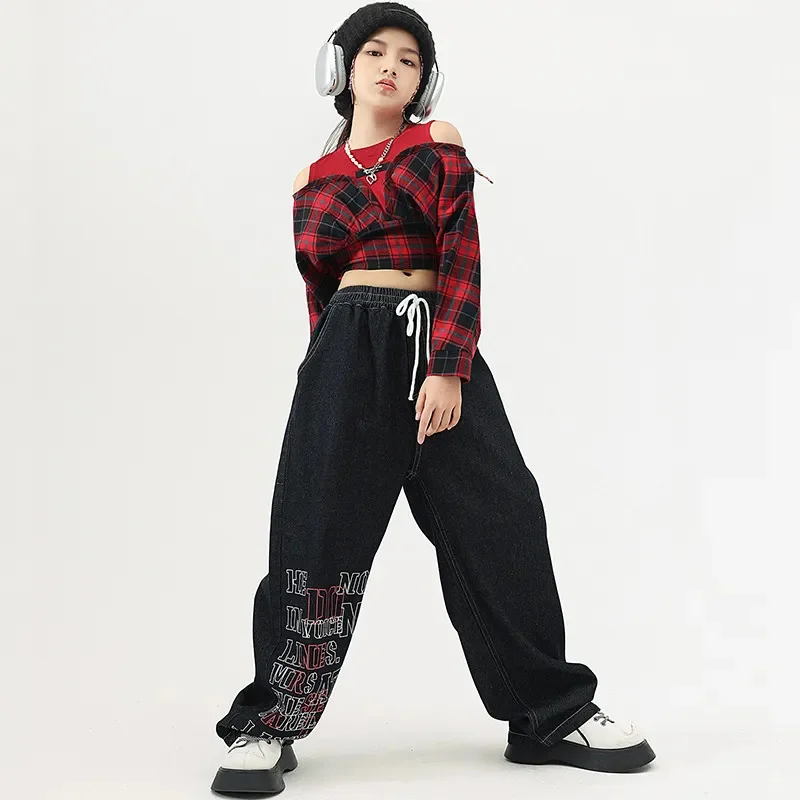 Hip Hop Jazz Dance Outfits for Girls Long Sleeve Korean Red Plaid Crop Top Jeans Set Kids Fashion Streetwear Stage Show Costumes