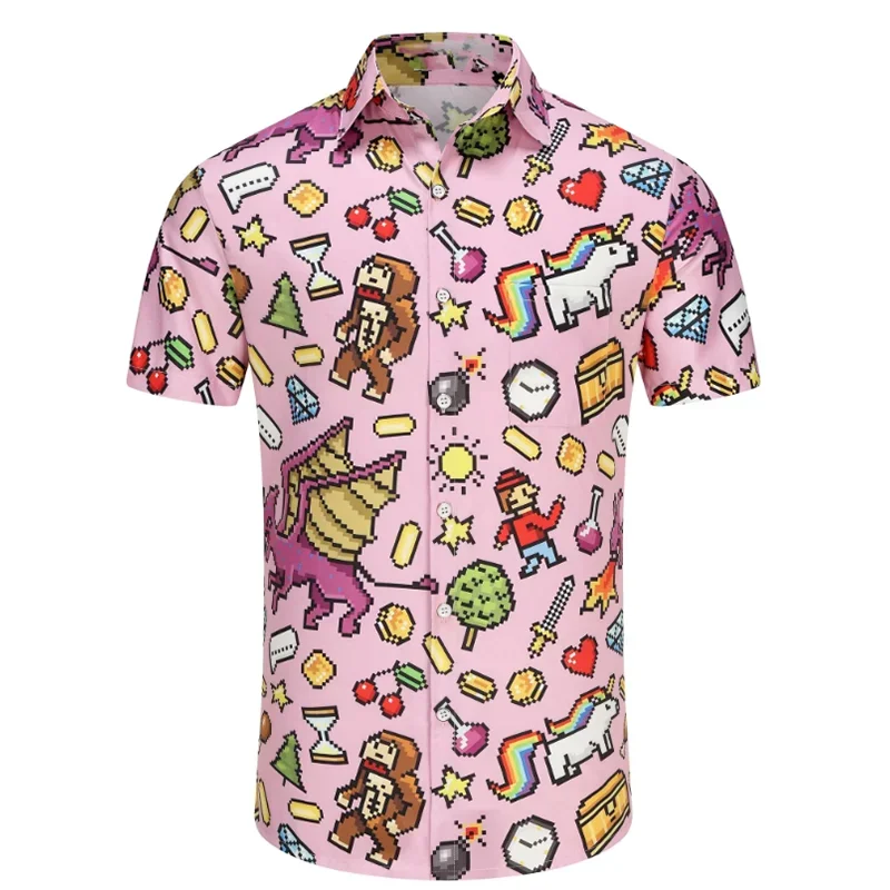 Men's Pink Cartoon Animal Short Sleeve Shirt Summer Comfortable Wear Beach Entertainment 3D Digital Printed