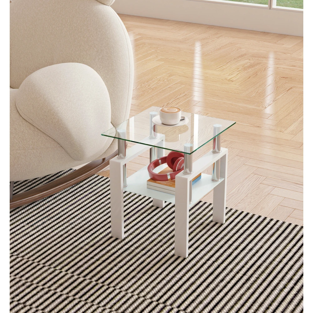 Modern Tempered Glass Tea Table Coffee Table End Table, Square Table for Living Room, Transparent/White