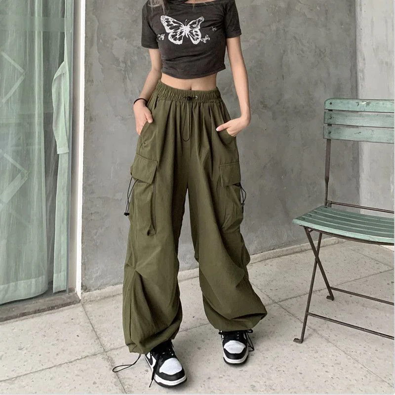 Lässige Jogger Cargo hosen Frauen solide niedrige Taille Hosen Kordel zug weites Bein Baggy Hose y2k Streetwear Overs ize Jogging hose