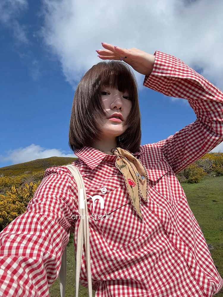 

Ретро-рубашка в клетку из хлопка с пуговицами на плечах, 3D-дизайн, модная женская рубашка прямого кроя с длинными рукавами, формальная рубашка