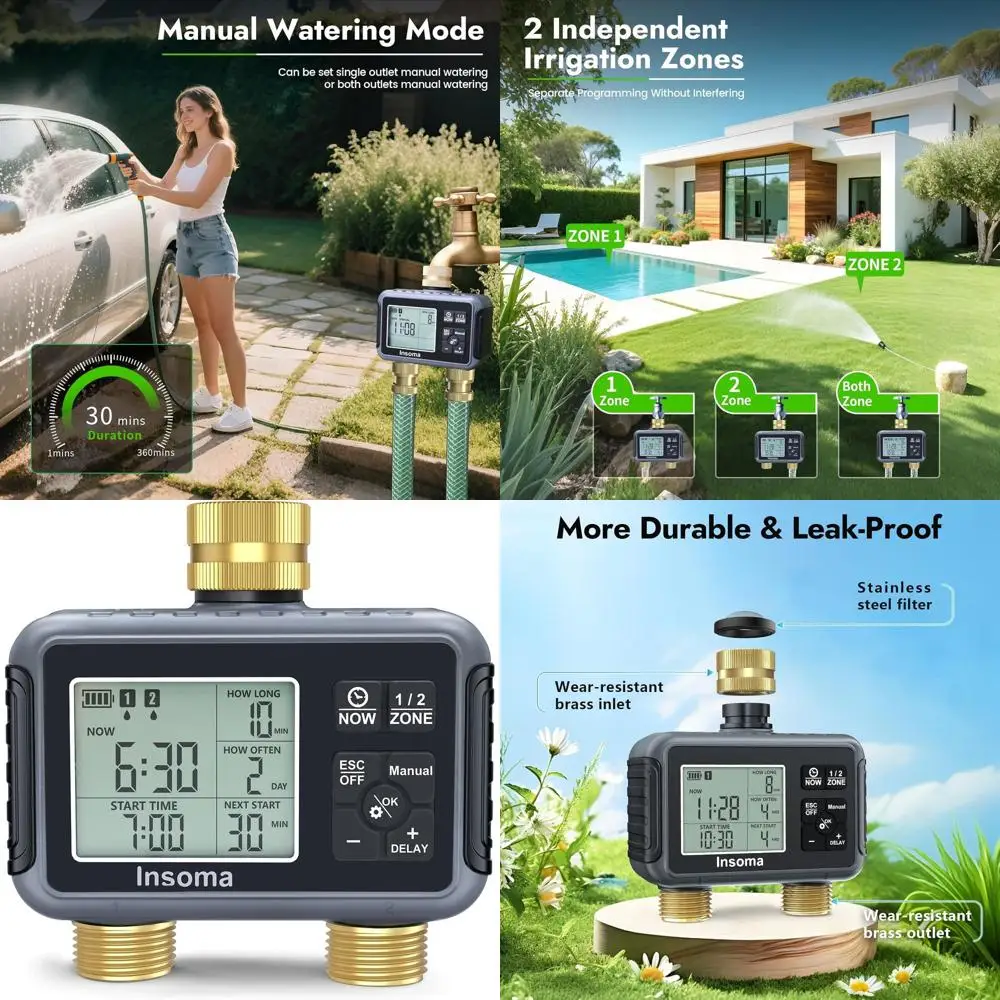 

Dual-Zone Brass Sprinkler Timer for Outdoor Faucet with Auto/Manual/Rain Delay, Lawn Irrigation Controller