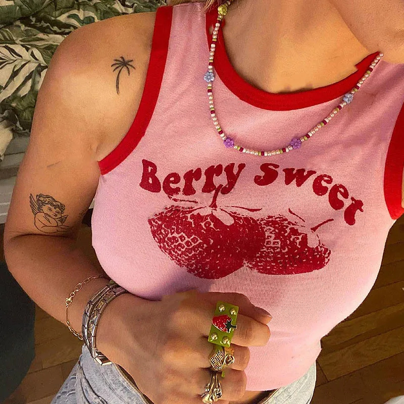 Pink Print Y2k Tank Top Summer Off Shoulder O Neck Sleeveless Fashion 90s Vintage Crop Tops Women Casual Sexy