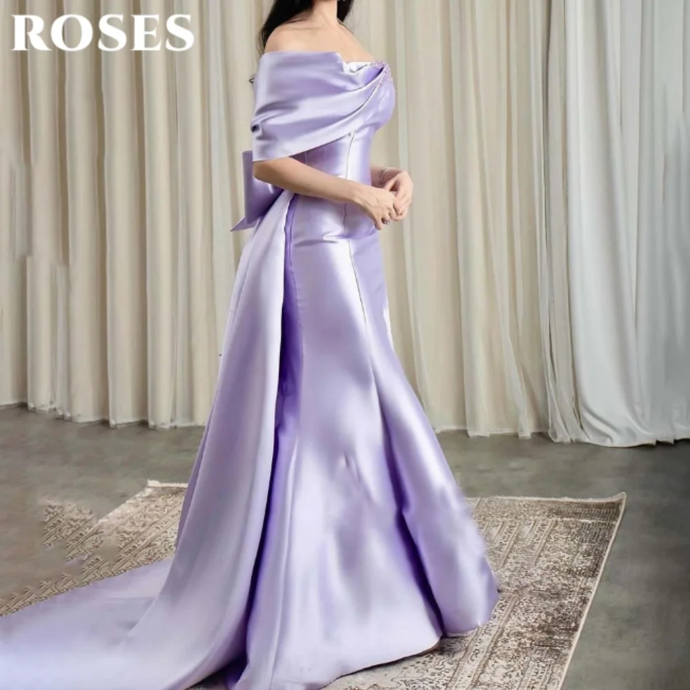 

ROSES Purple Modern Style Prom Gown Elegant 3D-Bow Prom Dress Satin Off Shoulder Celebrity Dresses for Woman 프롬 드레스 Customized