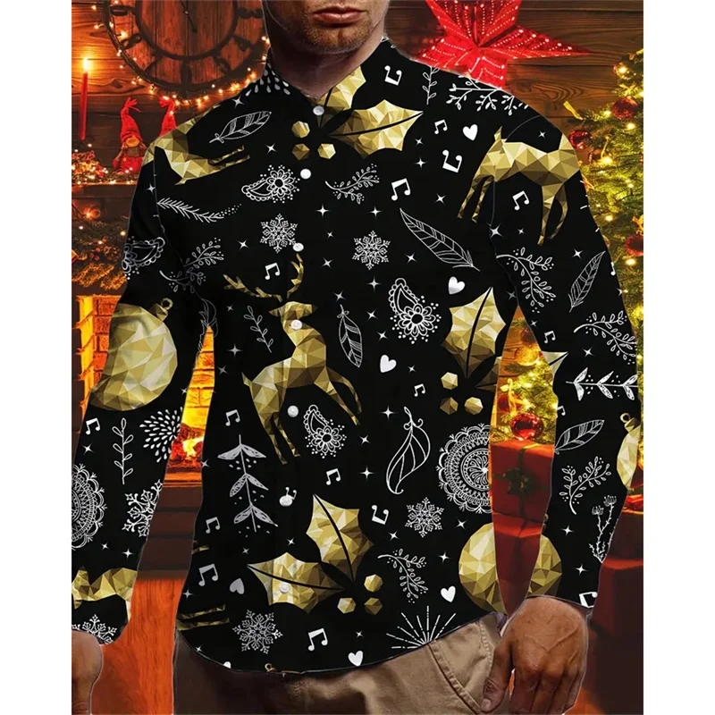 Reindeer Snowflake Pattern Hawaiian Shirts For Men Christmas Tree 3D Printed Blouse Casual Loose Aloha Shirts Long Sleeves Tops
