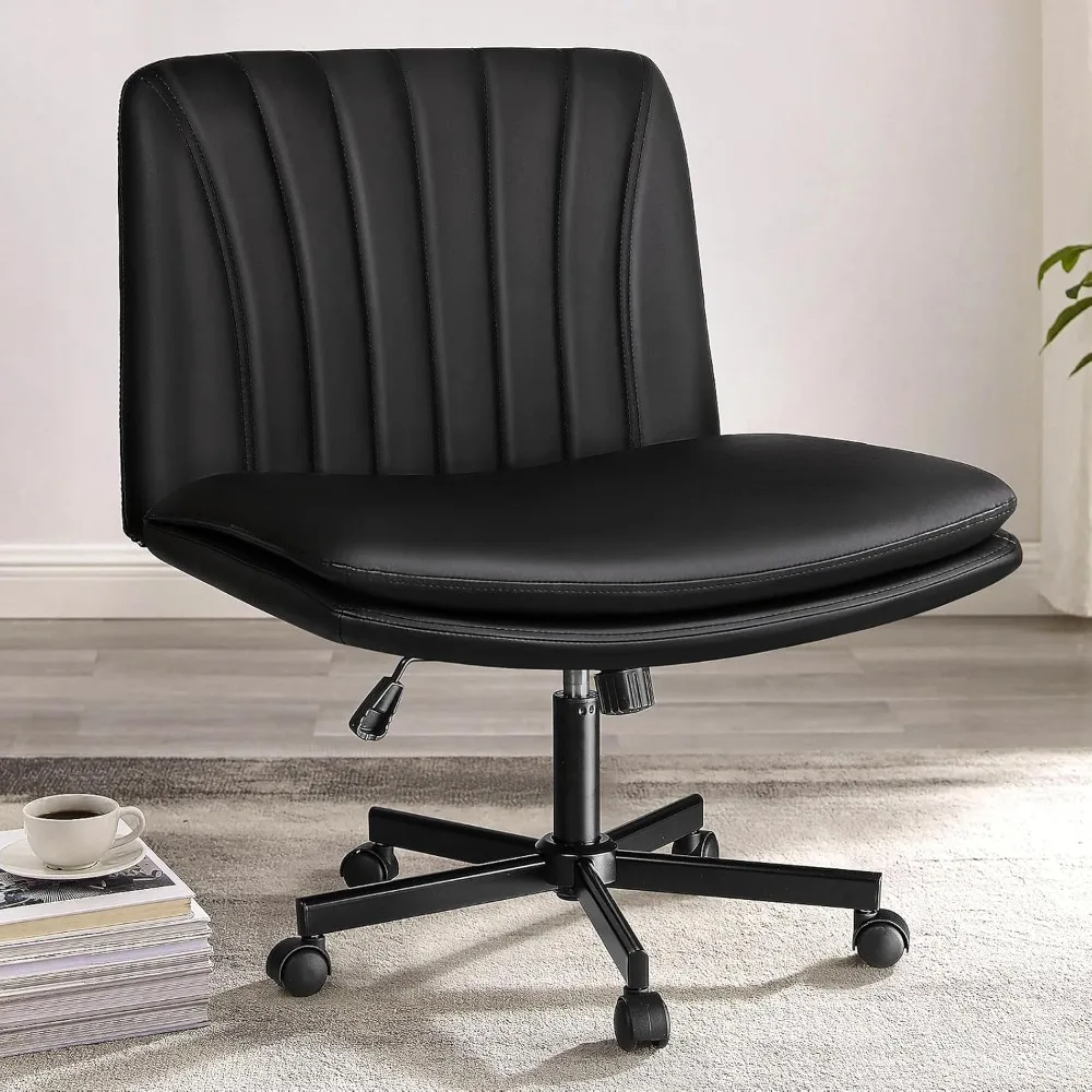 

Modern Black Criss Cross Office Chair, Comfy Cross Legged Desk Chair with Wheels, PU Leather Armless Makeup Vanity Chair