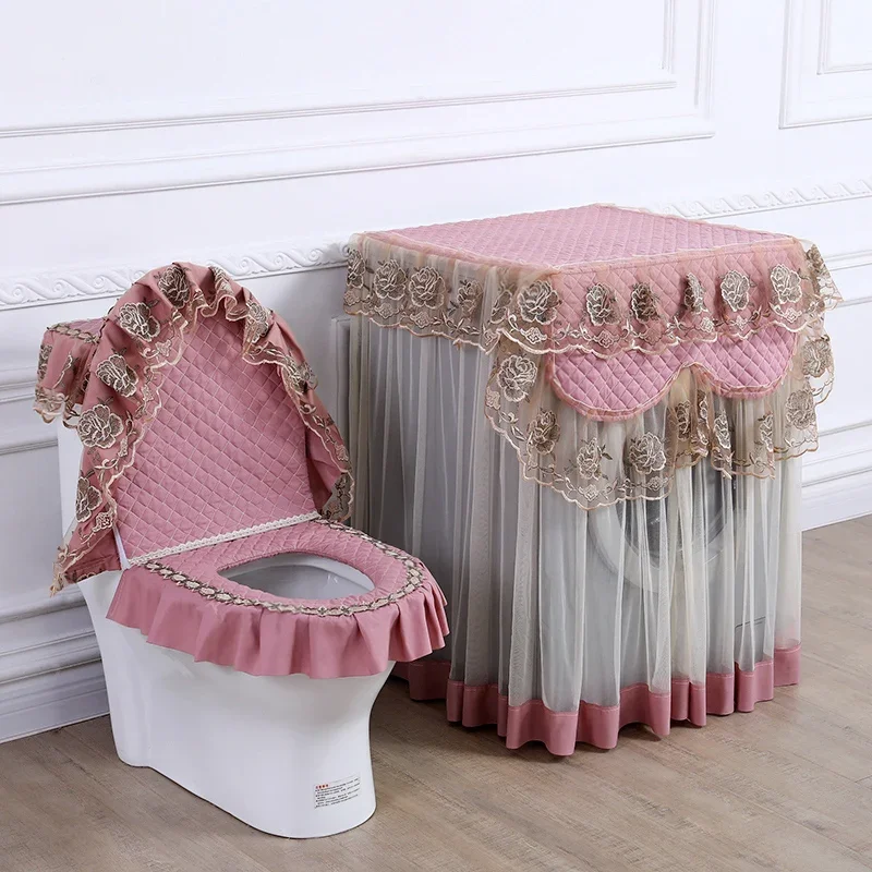 3pcs set European High-End Fabric Lace Toilet Three-Piece Automatic Roller Washing Machine Cover Mat Household